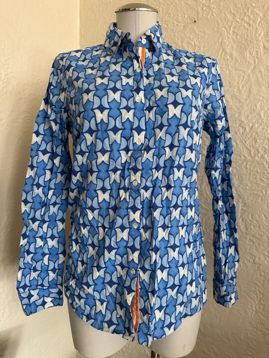 J Mclaughlin Tops - J. McLaughlin Blue White Patterned Contrasting Orange Stripe Cuffs Shirt Small